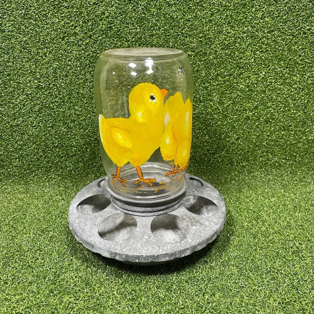 Vintage Galvanized Metal Base Glass Chick Waterer Feeder Farmhouse Decor